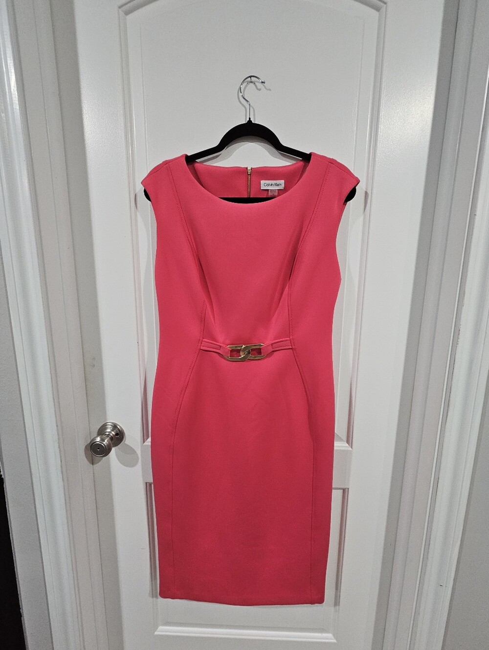 Calvin Klein Hot Pink Midi Sheath Dress with Gold Buckle